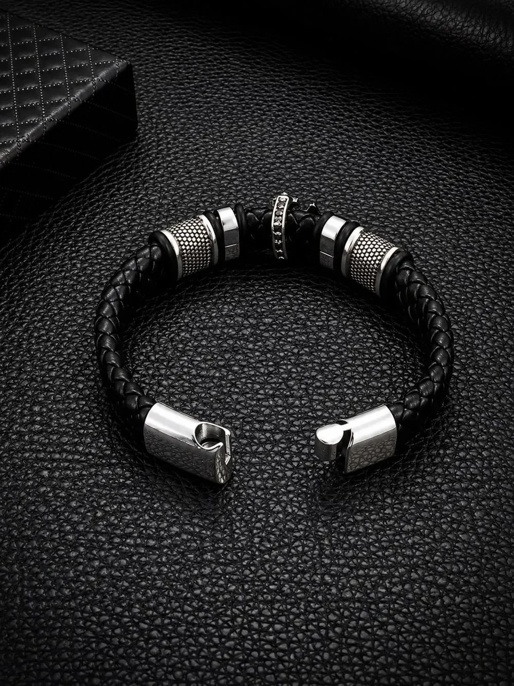 Men's Black Leather Bracelet with Silver Cross Accent